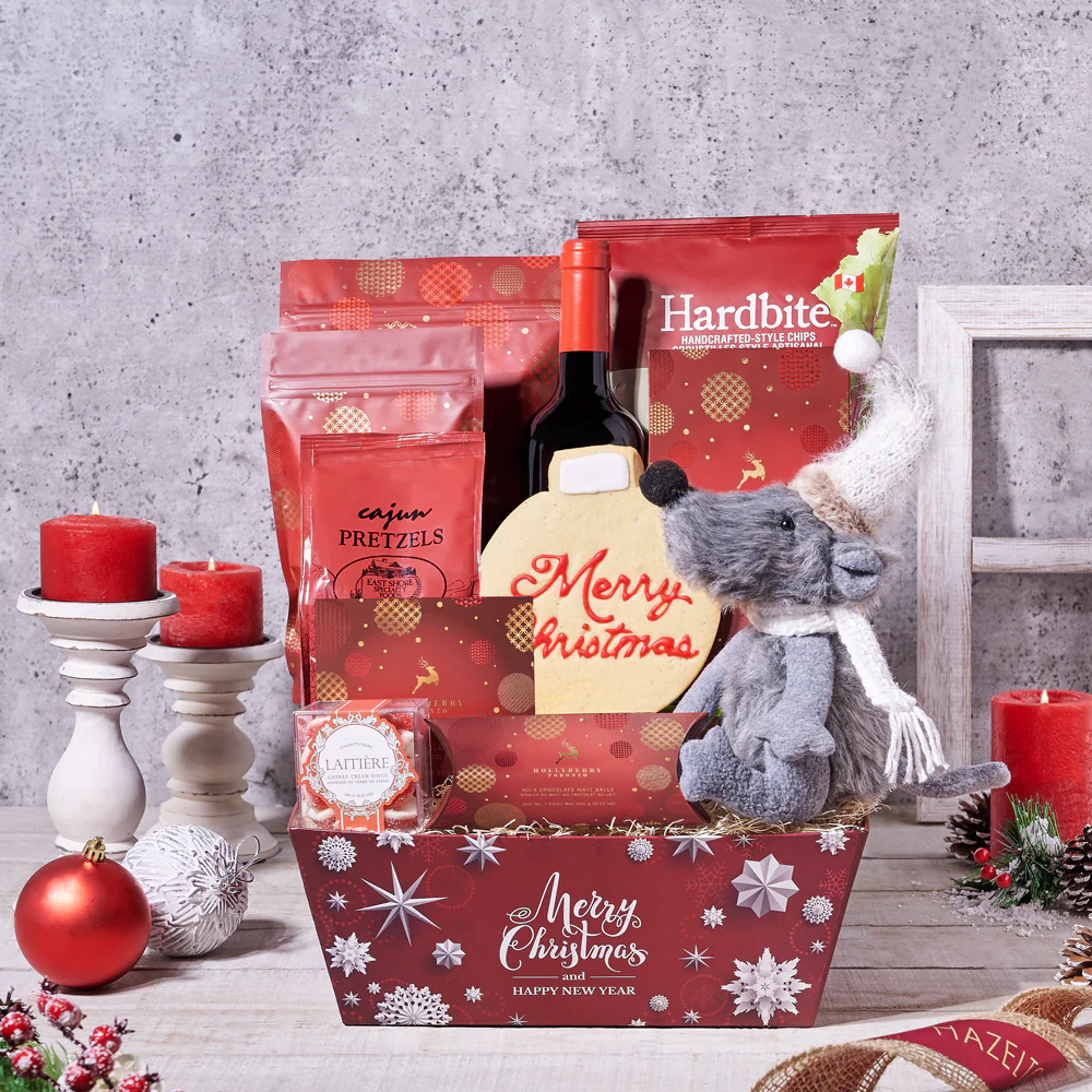 A Traditional Christmas Gift Basket, with Wine