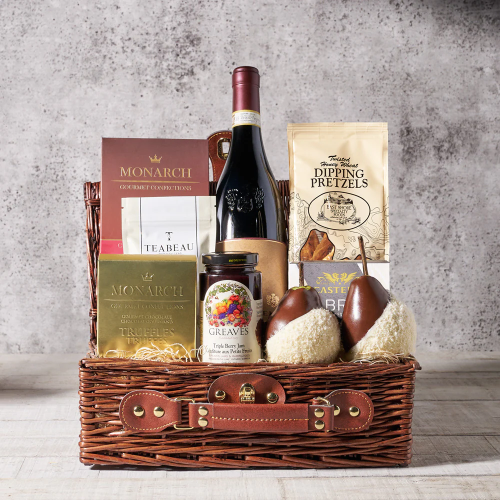 Wine, Pear & Sweet Treats Wicker Gift Basket